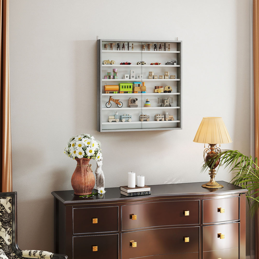 HOMCOM 7-Tier Glass Doors Graphite Wood Effect Wall Display Cabinet Image 4