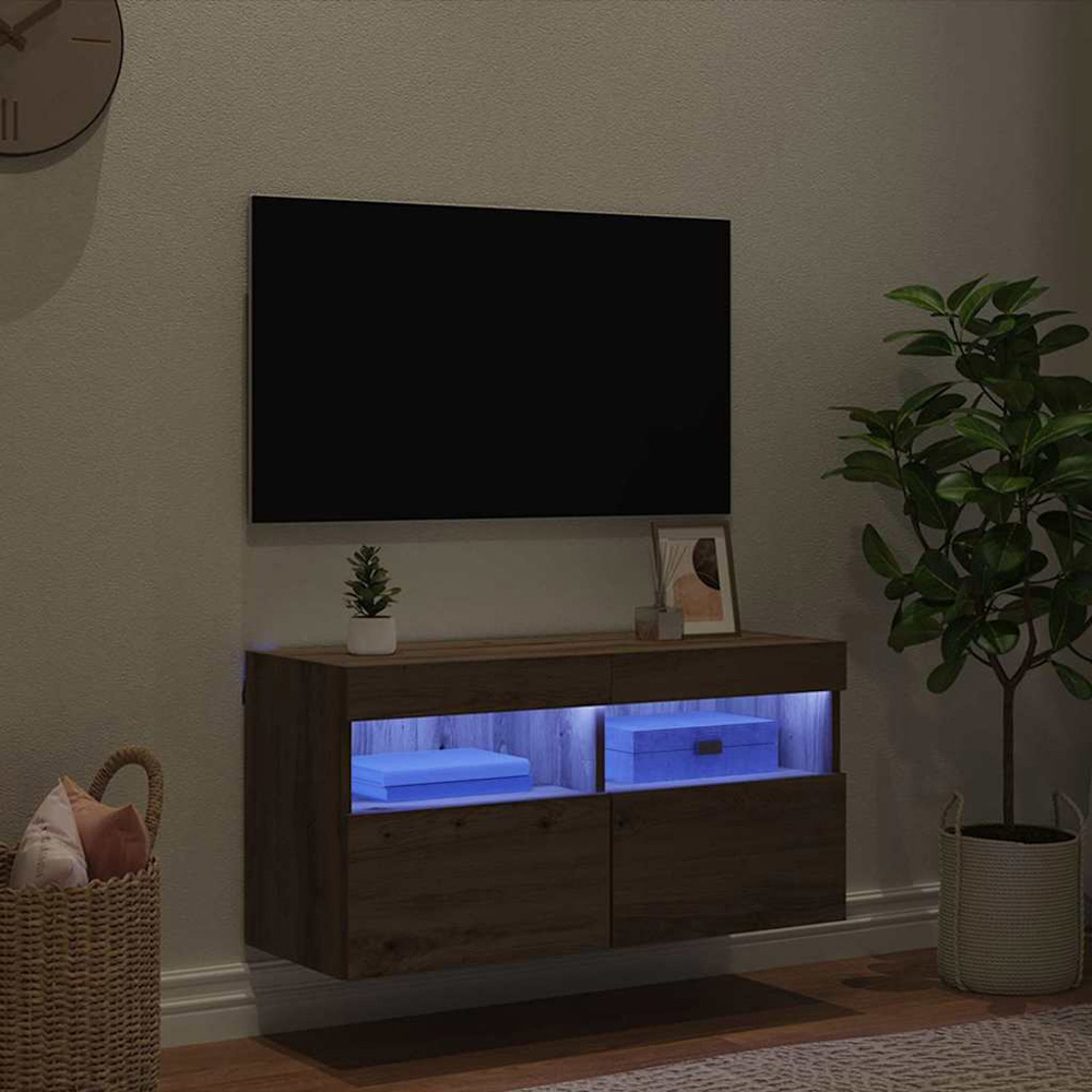 vidaXL 2 Door 2 Shelf Artisan Oak Wall Mounted TV Cabinet with LED Light Image 5