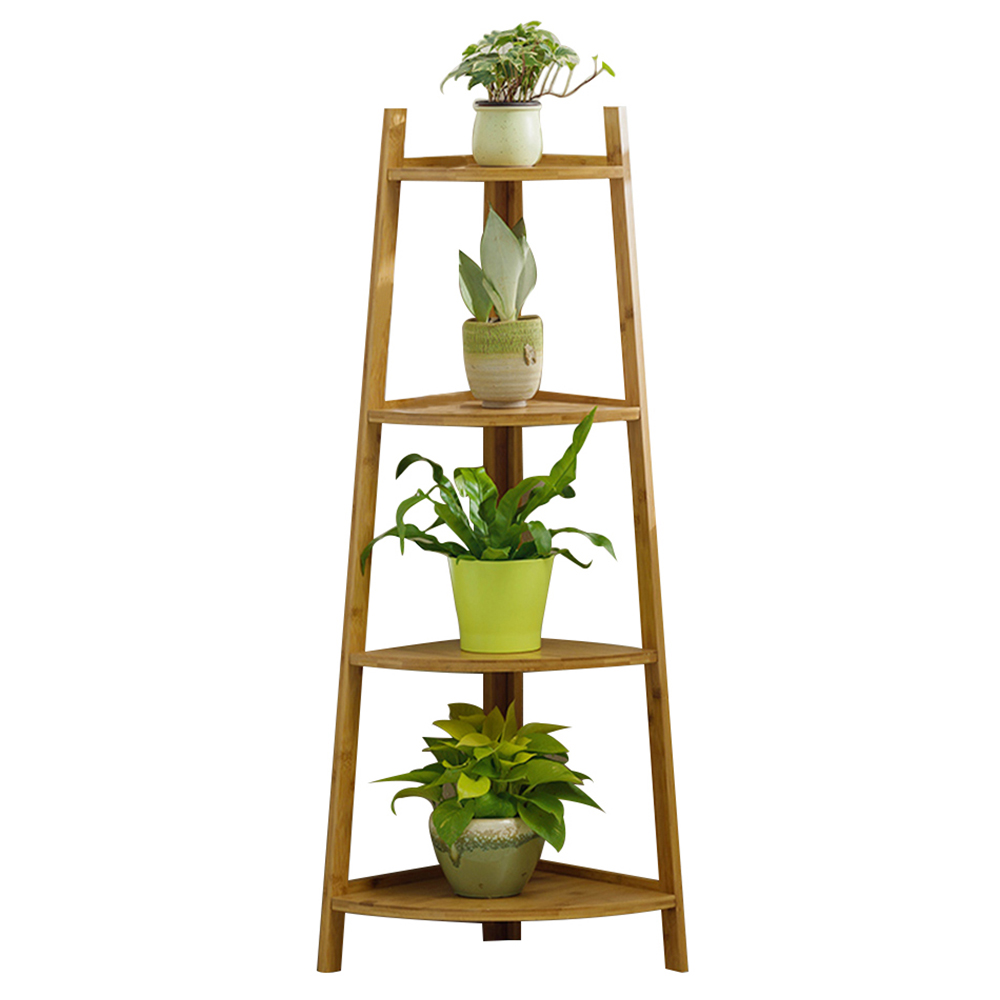 Living and Home Natural 4 Tier Corner Ladder Shelf for Plant Image 3