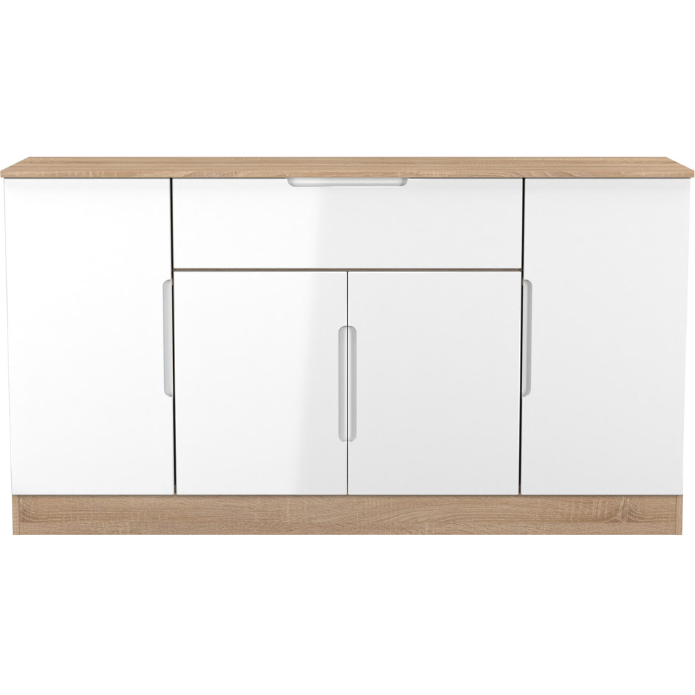 Crowndale Milan 4 Door Single Drawer White Gloss and Bardolino Oak Wide Sideboard Ready Assembled Image 2