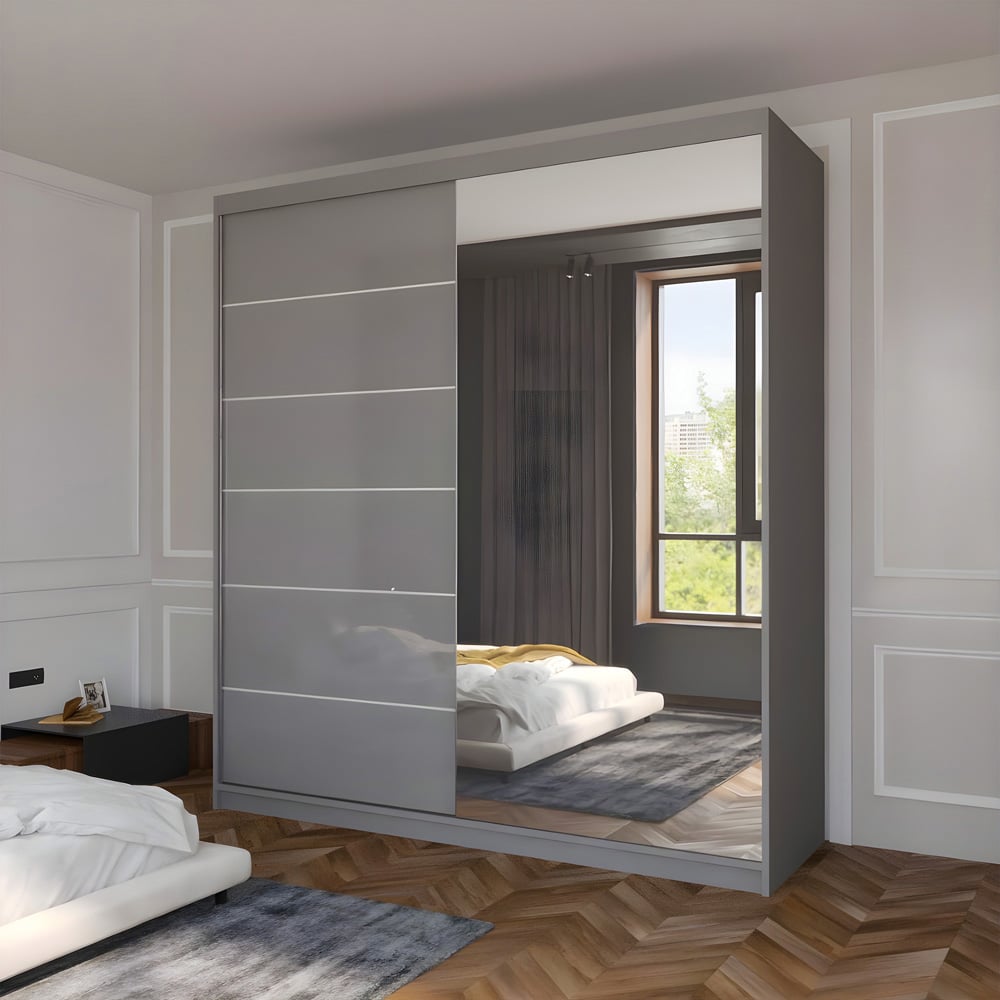 Sliding Wardrobes 4U Infinity 2 Door Grey High Gloss Compact Mirrored Wardrobe Image 3