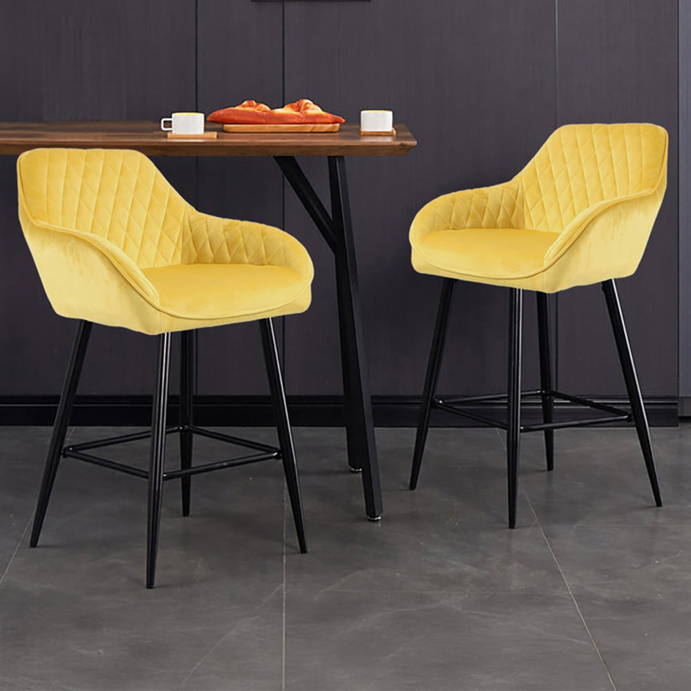 Neo Yellow Crushed Velvet Diamond Quilted Bar Stool Set of 2 Image 1