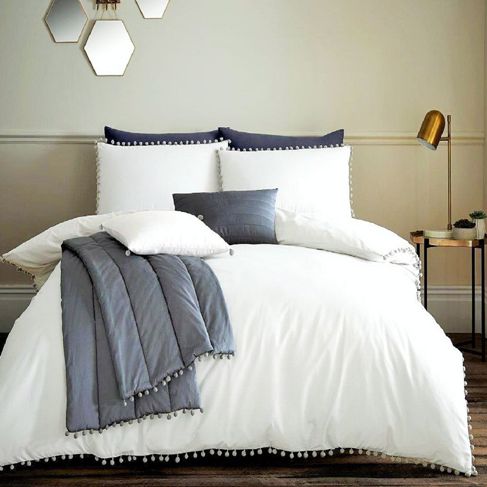 Smart Living King Size White Pom Pom Duvet Cover Set Image 1