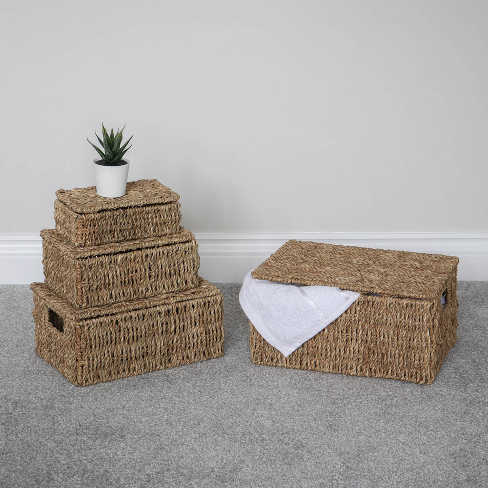 JVL Seagrass Rectangular Storage Baskets with Lids 4 Pack Image 2