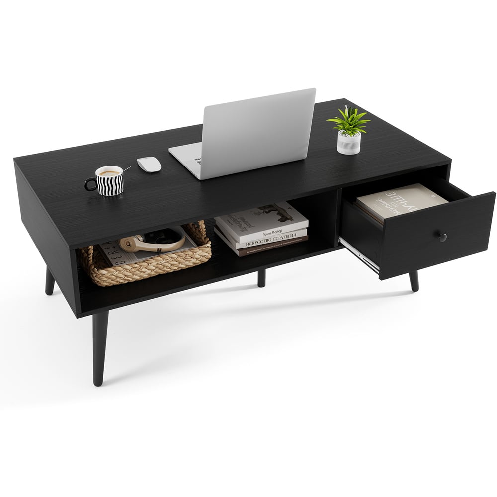 Costway Single Drawer Single Shelf Black Rectangular Coffee Table Image 2