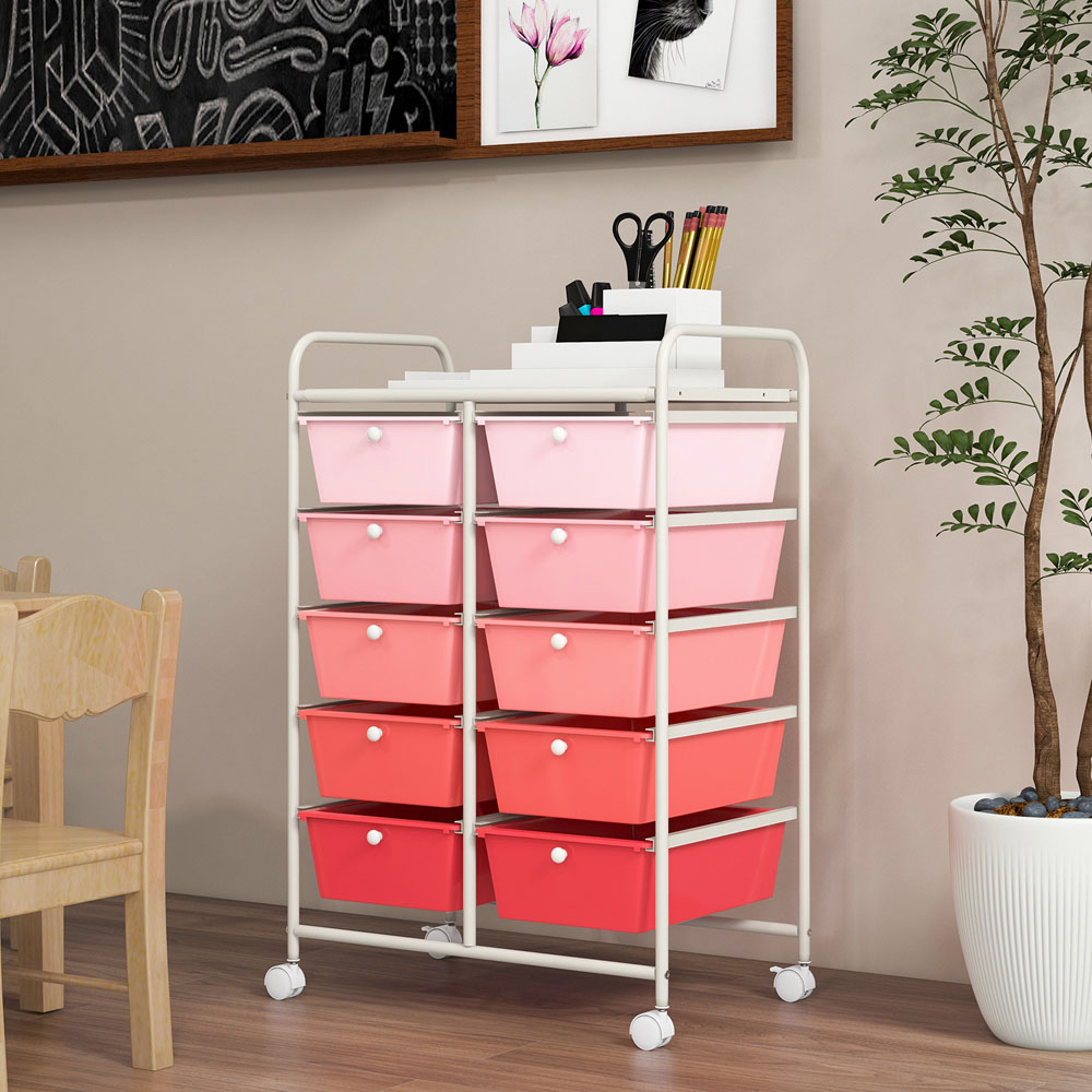 Costway 10 Drawer Pink Storage Rolling Cart Image 2