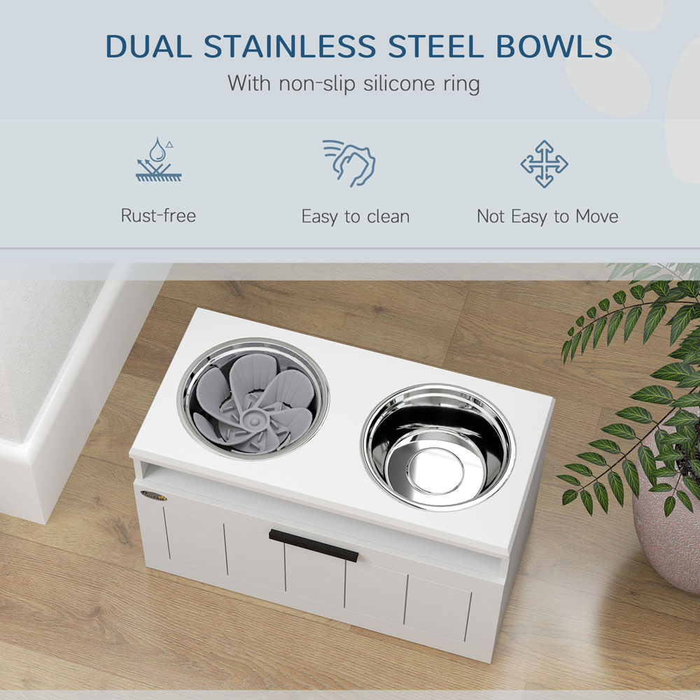 PawHut White Raised Elevated Dog Bowl with Slow Feeder Mat Image 7