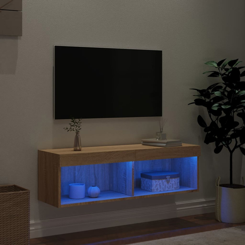 vidaXL 2 Shelf Sonoma Oak Wall Mounted TV Cabinet with LED Lights Image 2