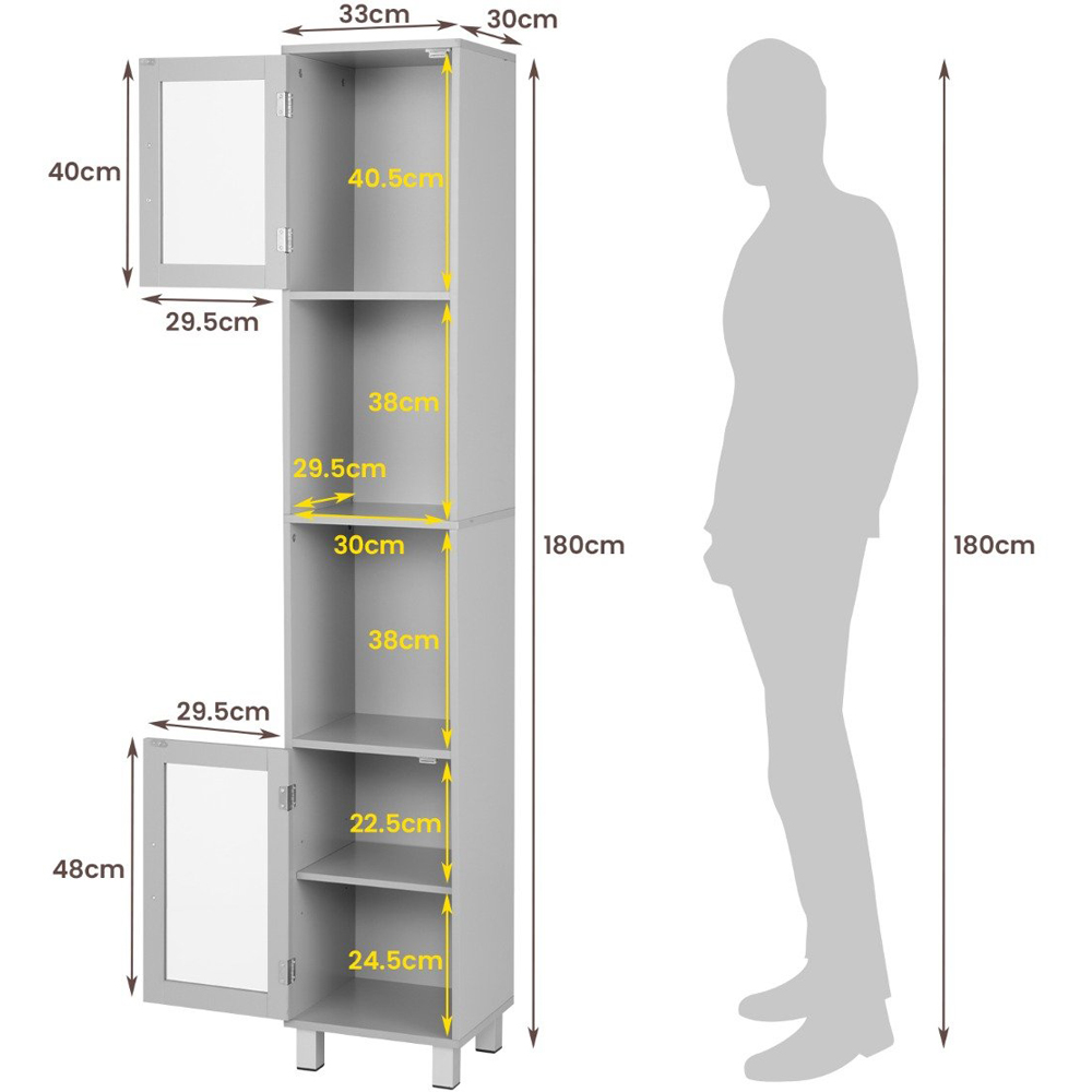 Costway 2 Door 4 Shelf Grey Freestanding Slim Wooden Bathroom Cabinet Image 9