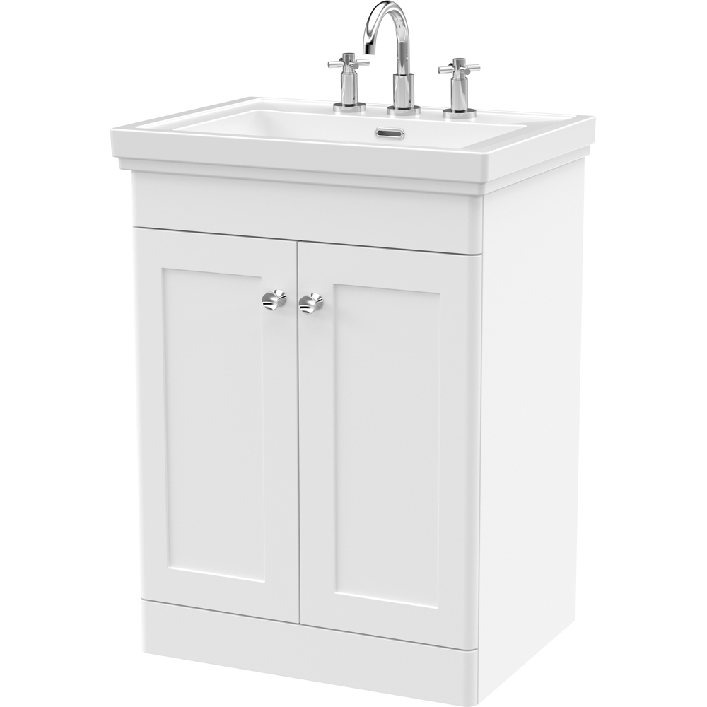 nuie Classique 2 Door Satin White Floor Standing Vanity Unit and 3 Tap Hole Fireclay Basin 600mm Image 1