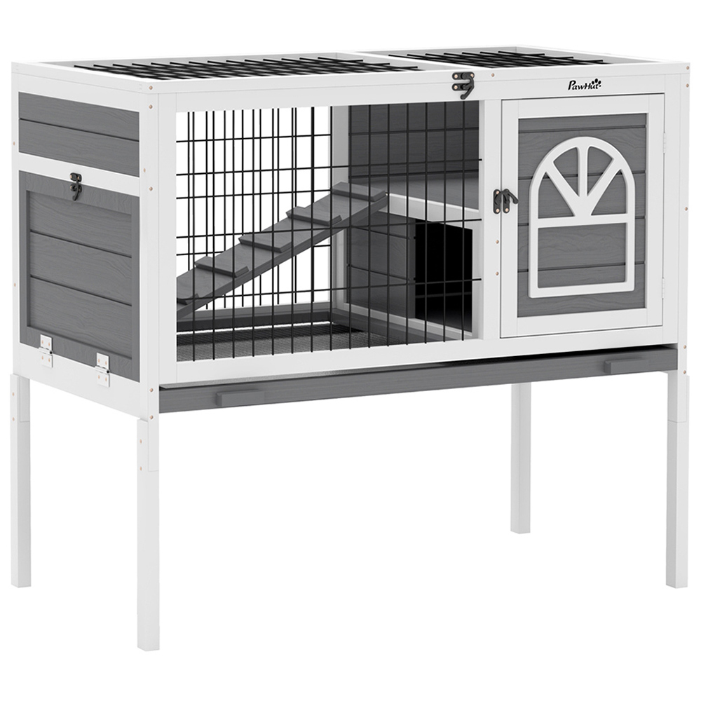 PawHut White and Grey Small Animal Pet Hutch with Openable Roof Image 1