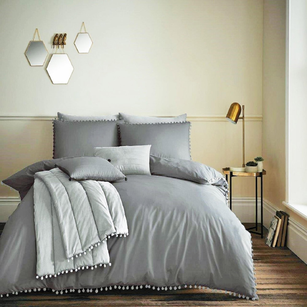 Smart Living Double Charcoal Pom Pom Duvet Cover Set Image 4