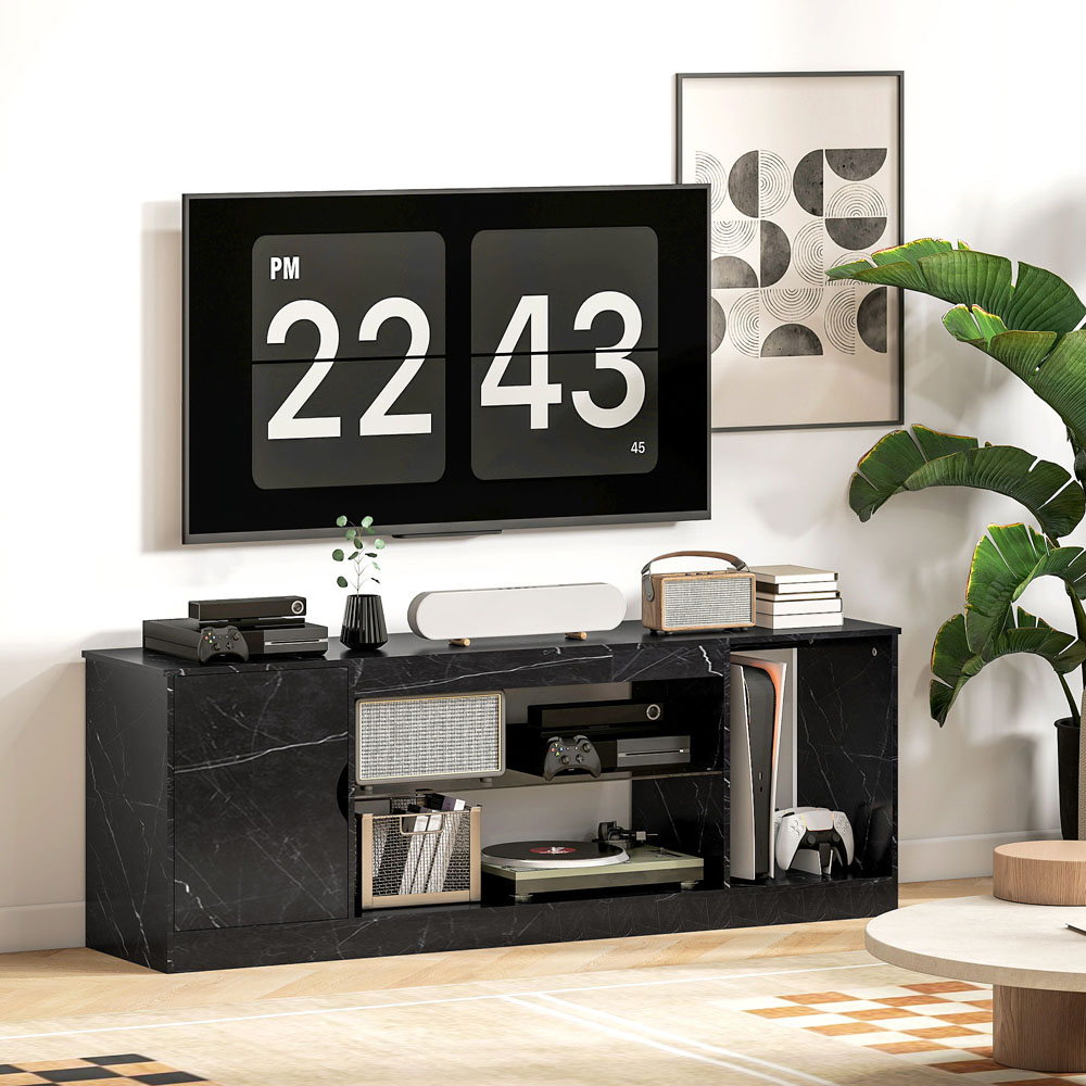 HOMCOM Single Door 3 Shelf Black Marble Effect TV Unit Image 6