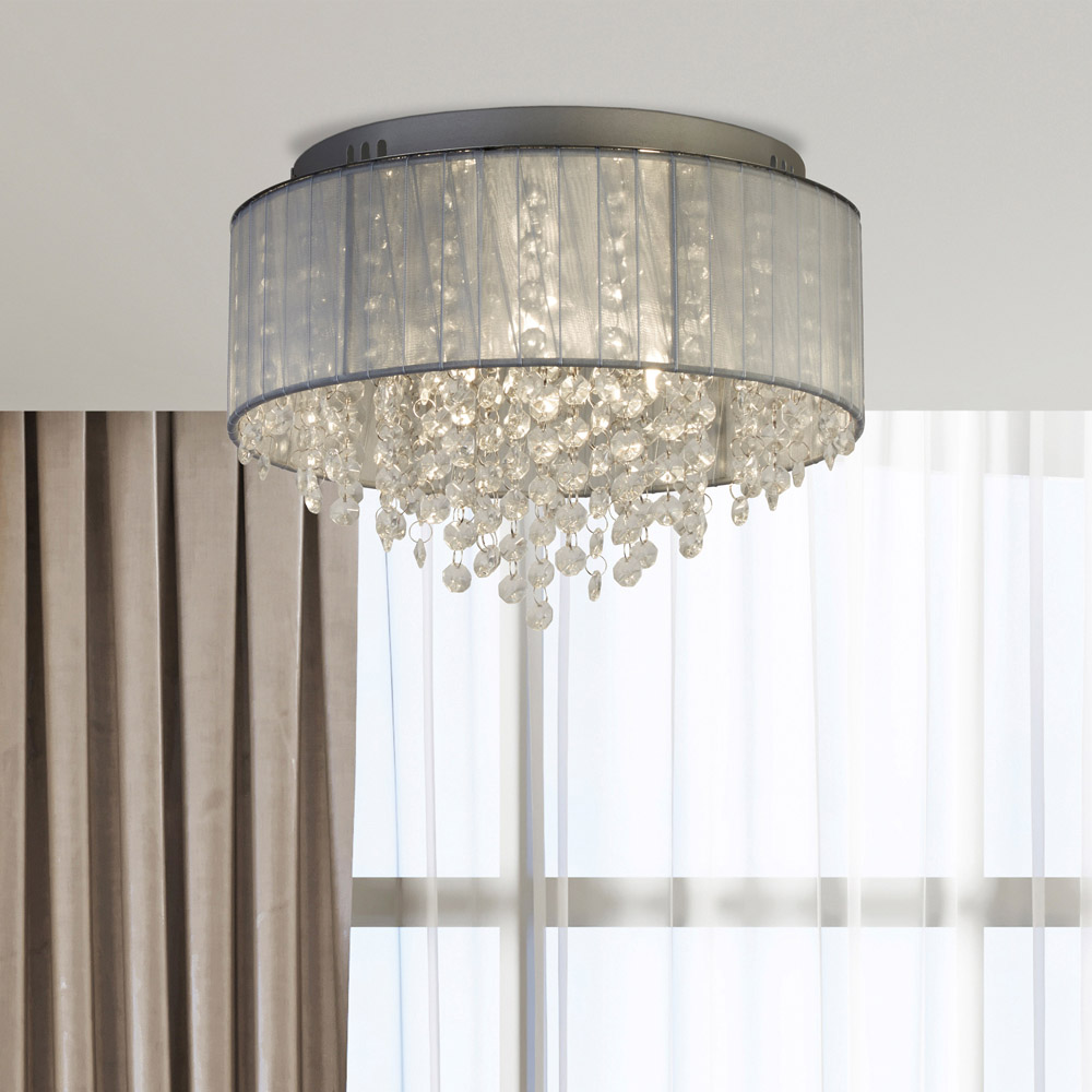 Lighting Collection 3 Light Wrapped Chiffon Shade and Glass Drops Flush Ceiling Light Image 2