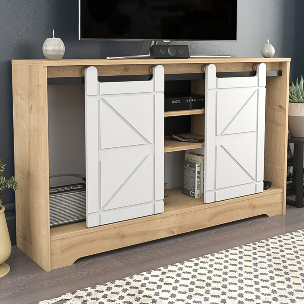 Decorotika Oak and White Barn Door TV Unit Image 1