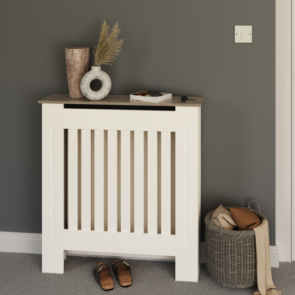 GFW Longslow White and Oak Vertical Slat Radiator Cover Small Image 2