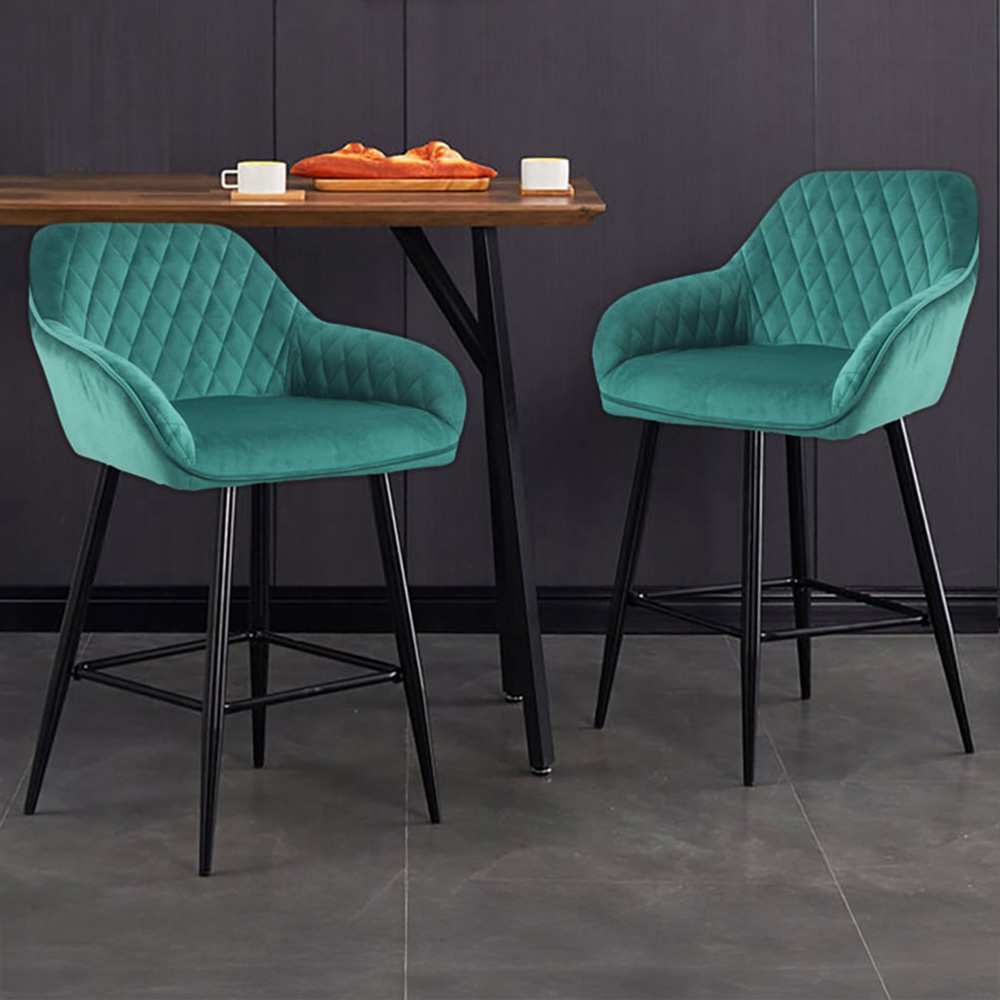 Neo Green Crushed Velvet Diamond Quilted Bar Stool Set of 2 Image 1