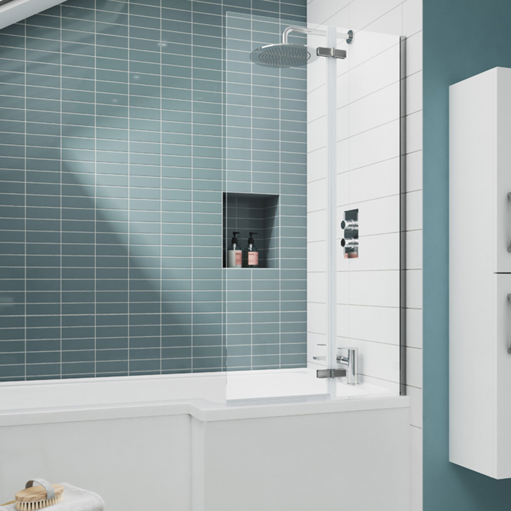 nuie Ella Satin Chrome Square Hinged Bath Screen 750mm Image 2