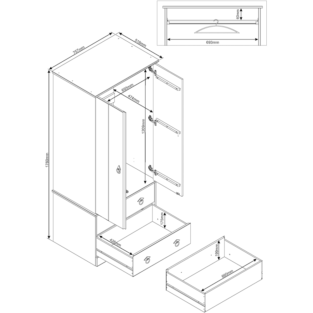 Core Products Corona Classic 2 Door 2 Drawer Grey Pine Wood Wardrobe Image 8