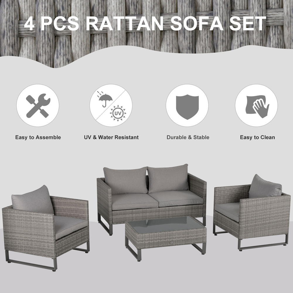 Outsunny 4 Seater Light Grey PE Rattan Sofa Lounge Set Image 4