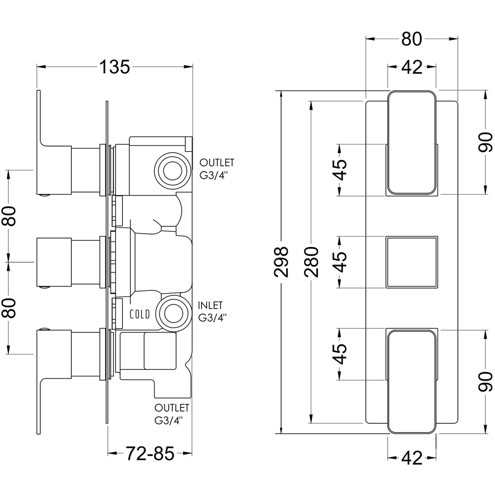 nuie Windon Brushed Pewter Triple Thermostatic Valve with Diverter Image 2