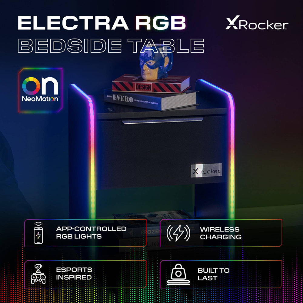 X Rocker Electra Single Drawer Single Shelf Black LED Bedside Table with Charging and App Control Image 2