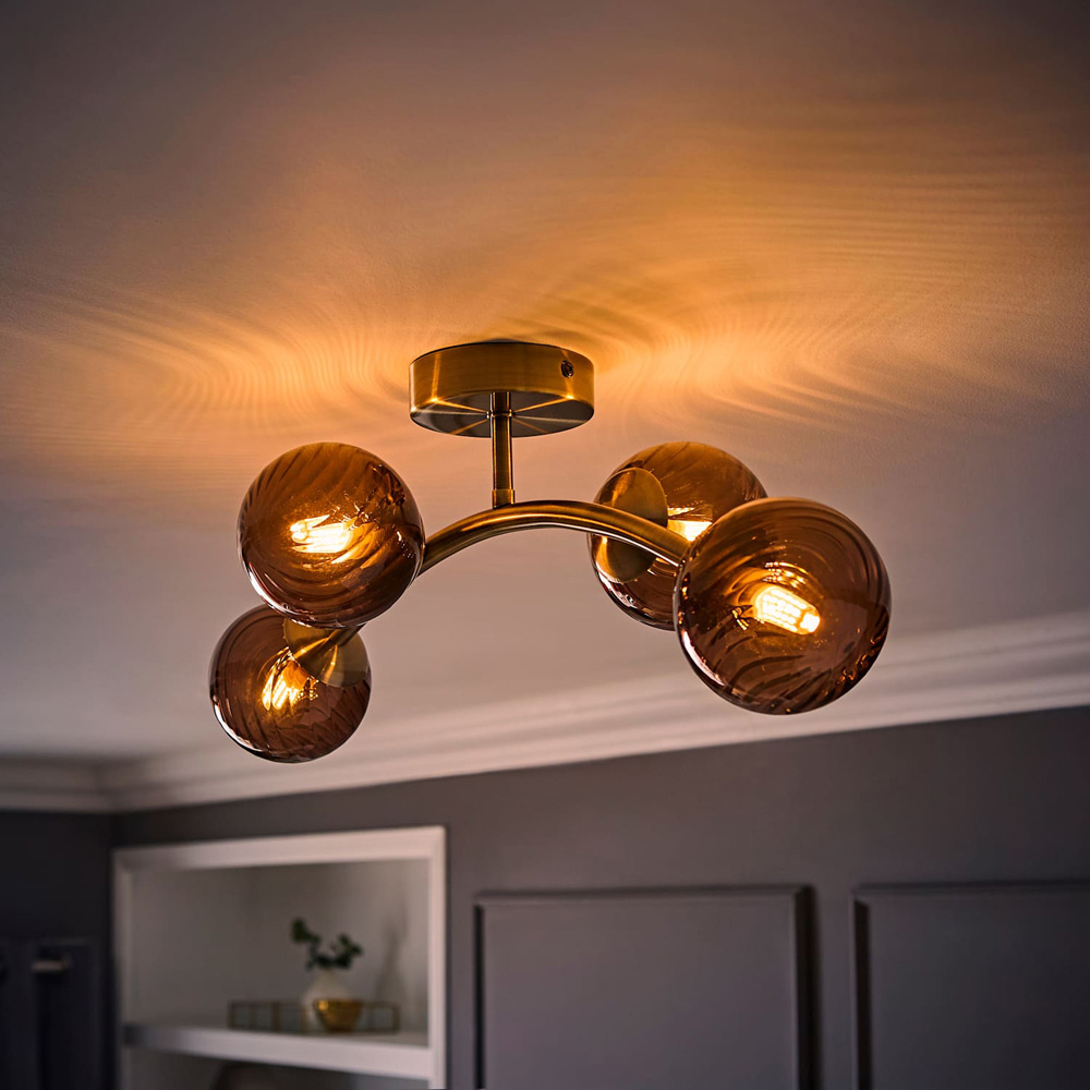 ValueLights Sydney Brushed Brass 4-Arm Ceiling Light with Swirl Glass Shade and Bulb Image 2