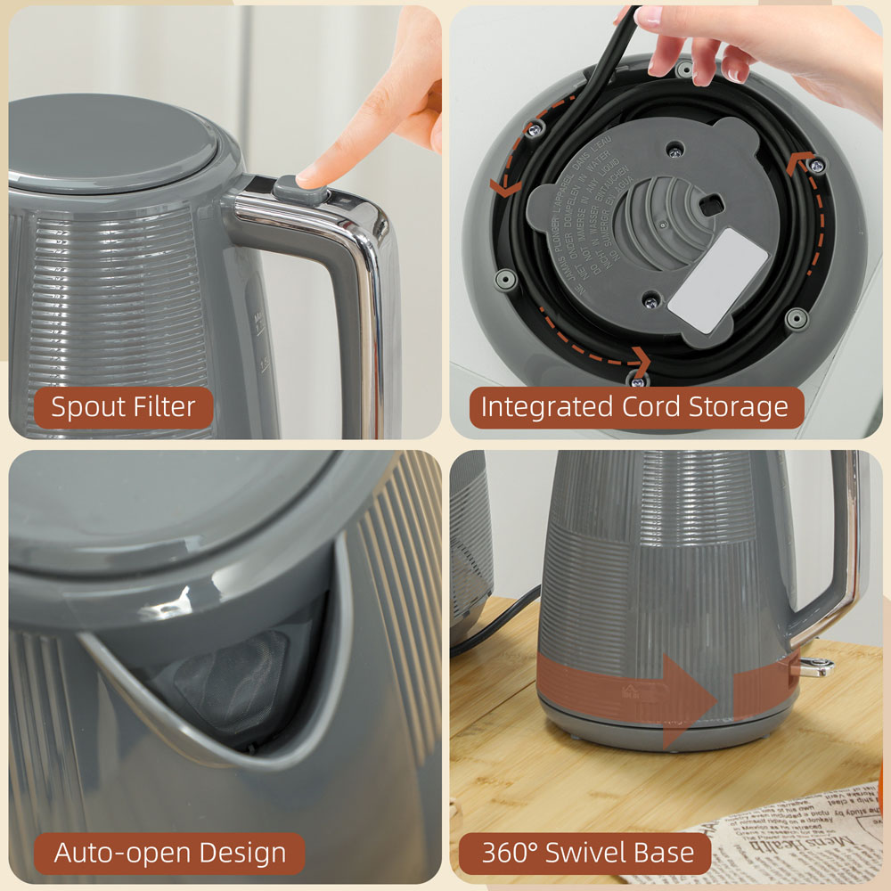 HOMCOM 800-233V70GY Grey 1.7L Fast Boil Electric Kettle 3000W and 2 Slice Water Toaster Set Image 3