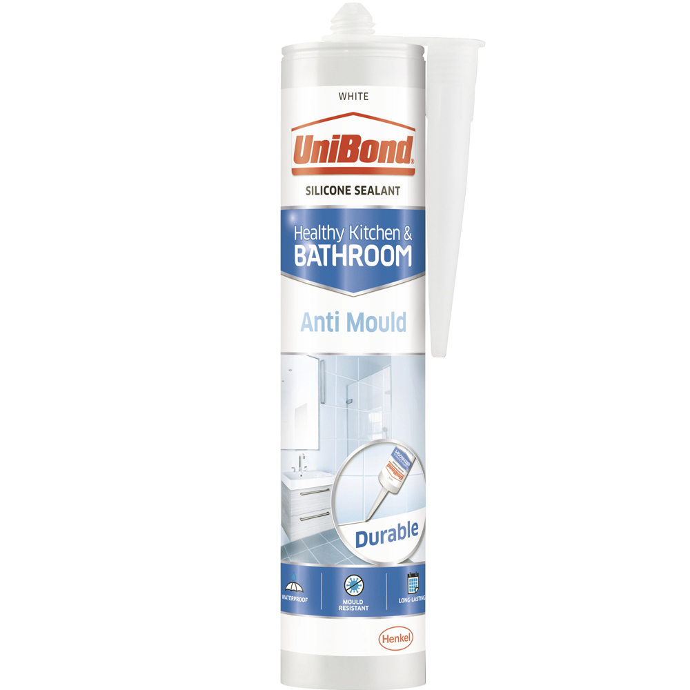 UniBond White Healthy Kitchen and Bathroom Anti Mould Silicone Sealant Cartridge 274g Image 1
