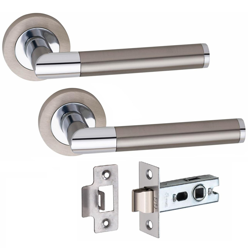 Golden Grace Mitred Satin Nickel Polished Chrome Door Handle Pair with Tubular Latch 52mm 5 Pack Image 2