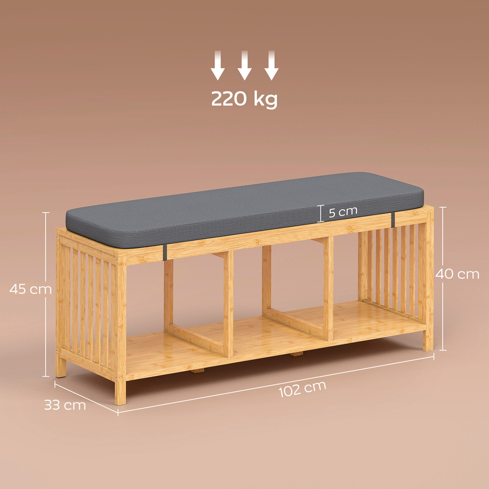 Portland Natural Wood Bamboo Shoe Storage Bench with Padded Seat Image 8