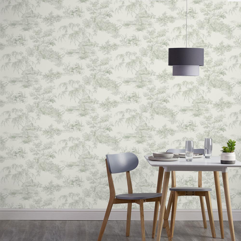 Grandeco French Vintage Toile Trees Green Wallpaper Image 3