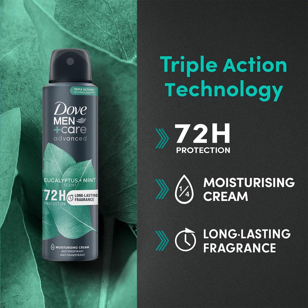 Dove Men+ Care Eucalyptus and Mint Anti-Perspirant Deodorant Spray 200ml 3 Pack Image 7