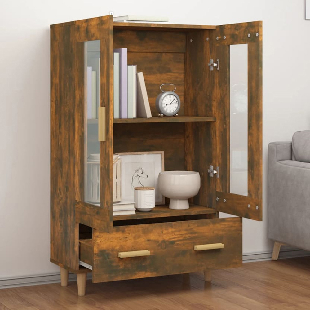 vidaXL 2 Glass Door Single Drawer Smoked Oak Highboard Image 1