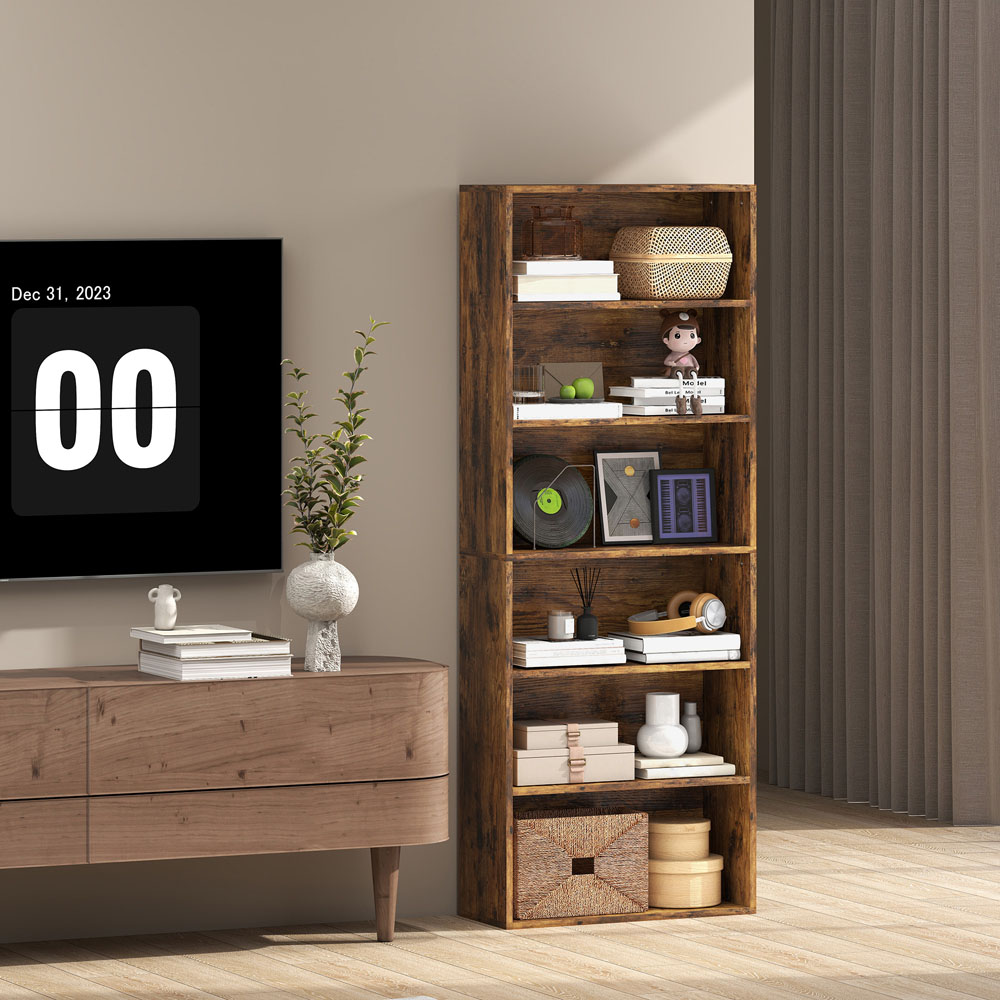 Portland 6 Shelf Rustic Brown Adjustable Freestanding Bookcase Image 4