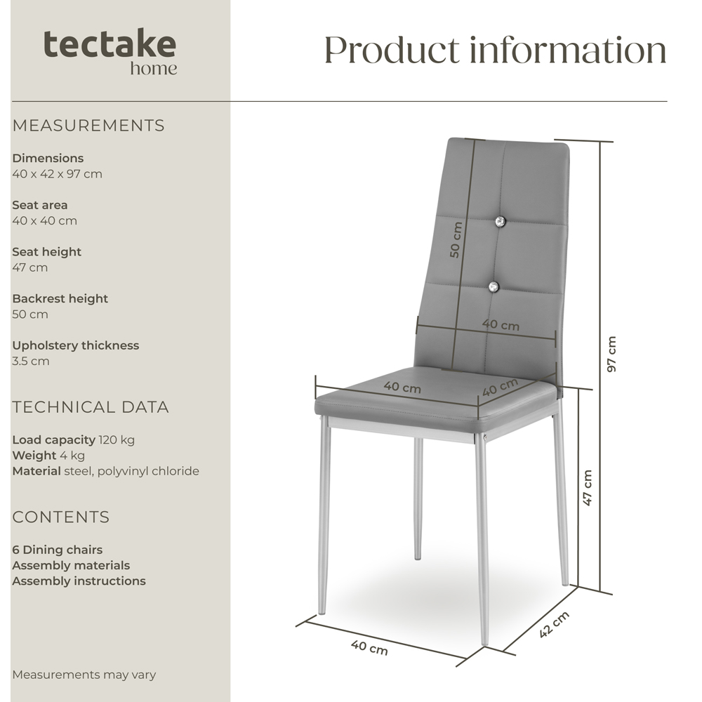 tectake Set of 6 Grey Rhinestone Highlight Dining Chairs Image 9