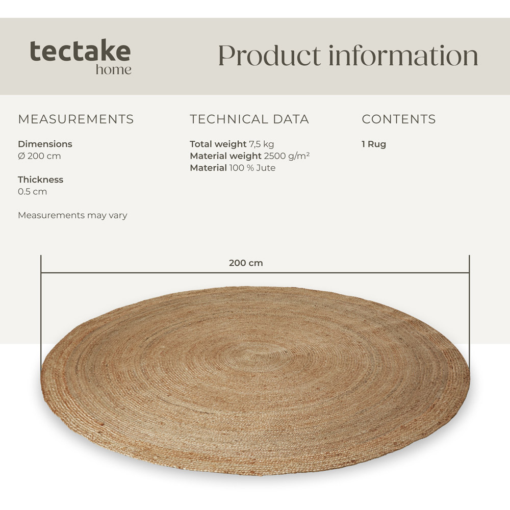 tectake Glim Jute Round Rug 200 x 200 x 0.5cm Image 8