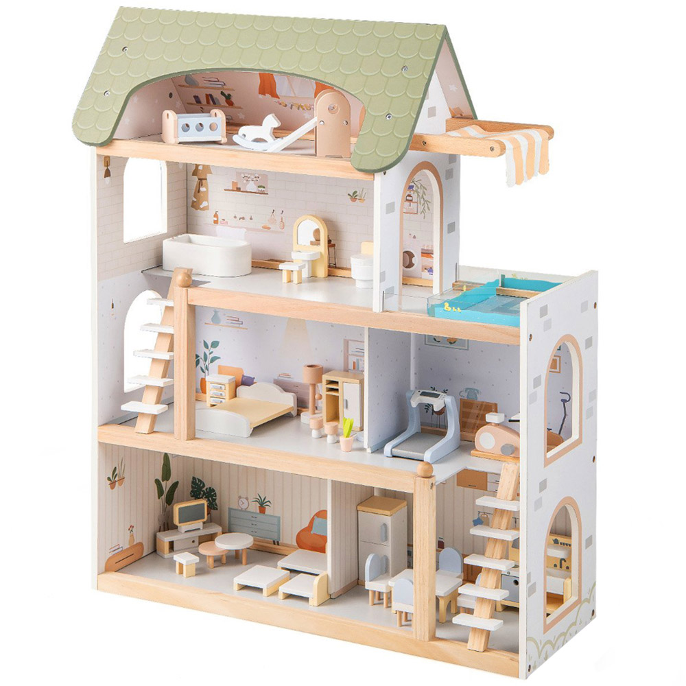 Costway Kids Green 33 Piece Wooden Dollhouse with Furniture Accessories Image 1