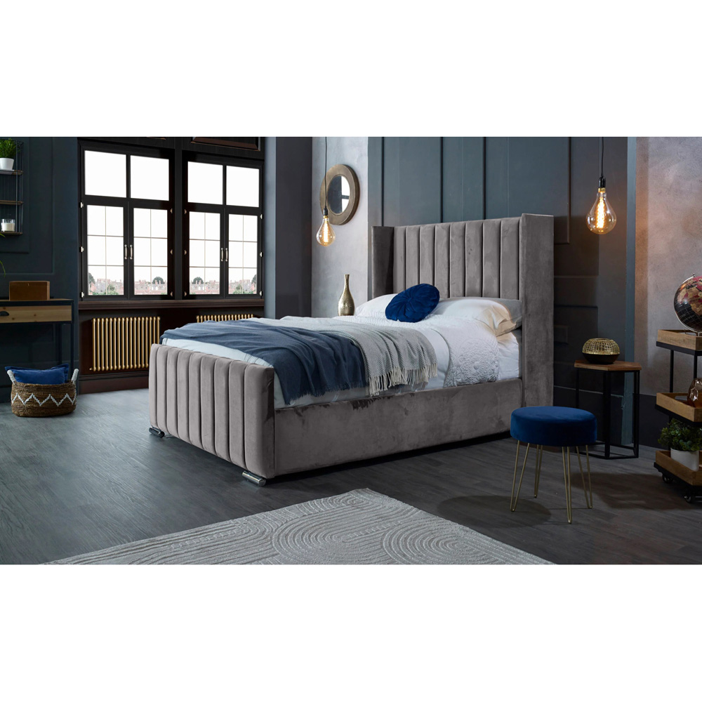 Eleganza Home Meriso King Size Silver Plush Velvet Bed Frame with Winged Headboard Image 5