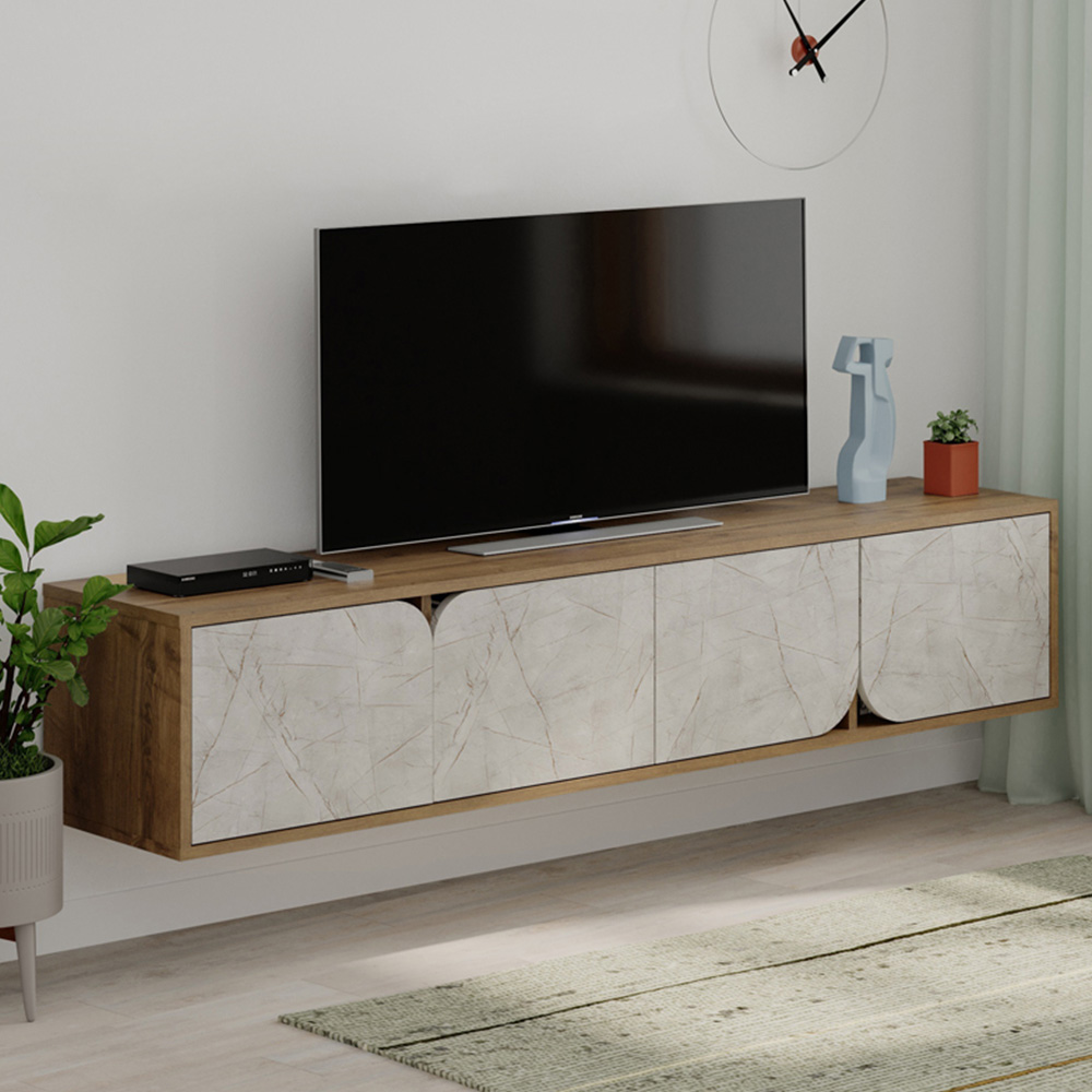 Decortie Spark 4 Door Gold Marble Effect Grey Oak Modern TV Unit Image 1