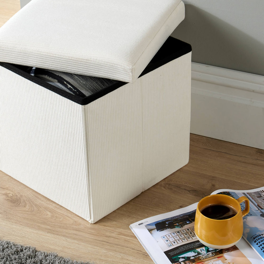 Home Source Cream Corduroy Upholstered Folding Ottoman Image 4