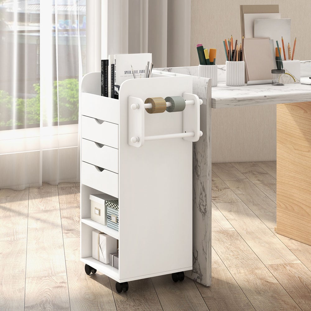 Costway 3 Drawer 2 Shelf White Mobile Rolling Storage Cart with Dowel Rods Image 4