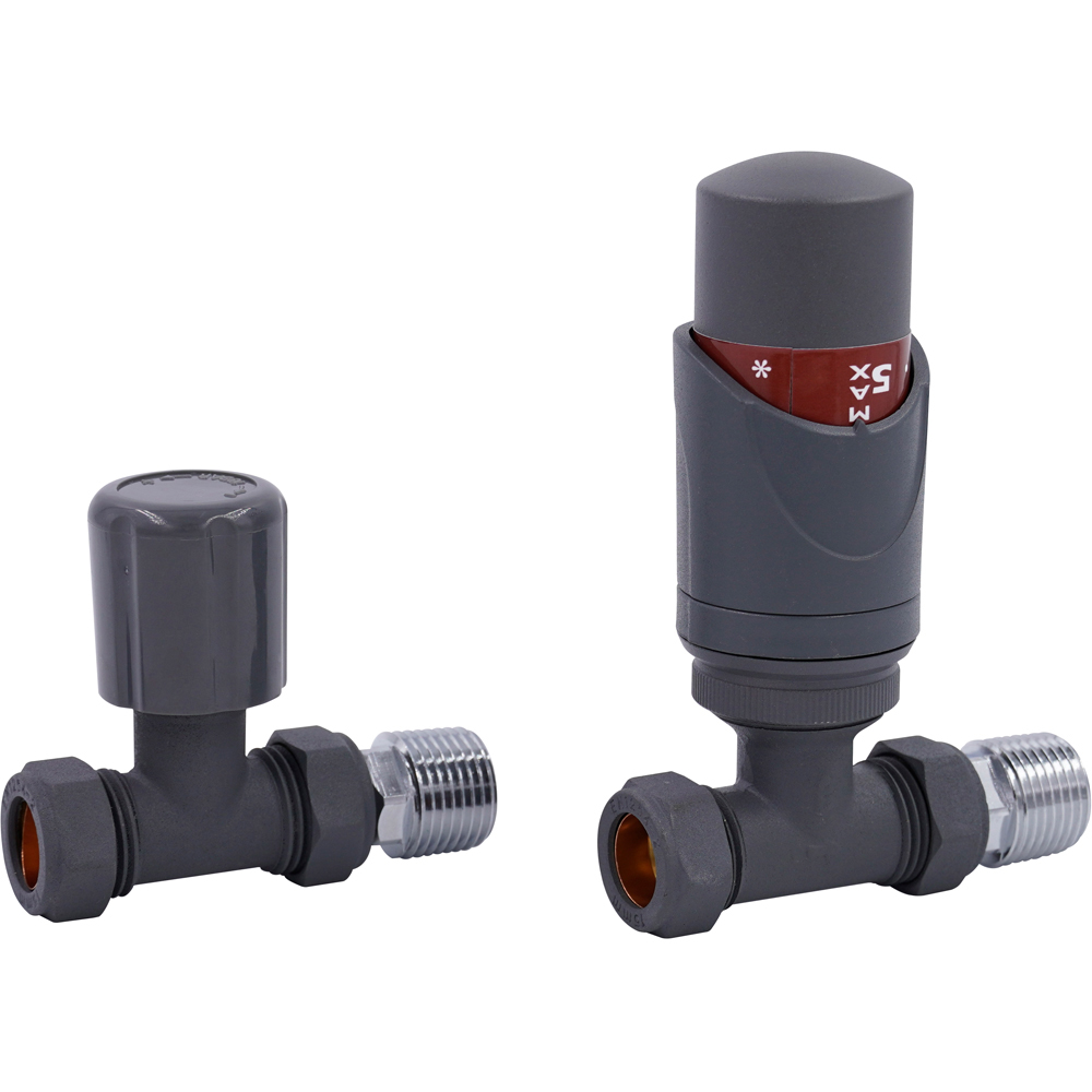 Anthracite Grey Straight Thermostatic Radiator Valve and Lockshield Set Image 1