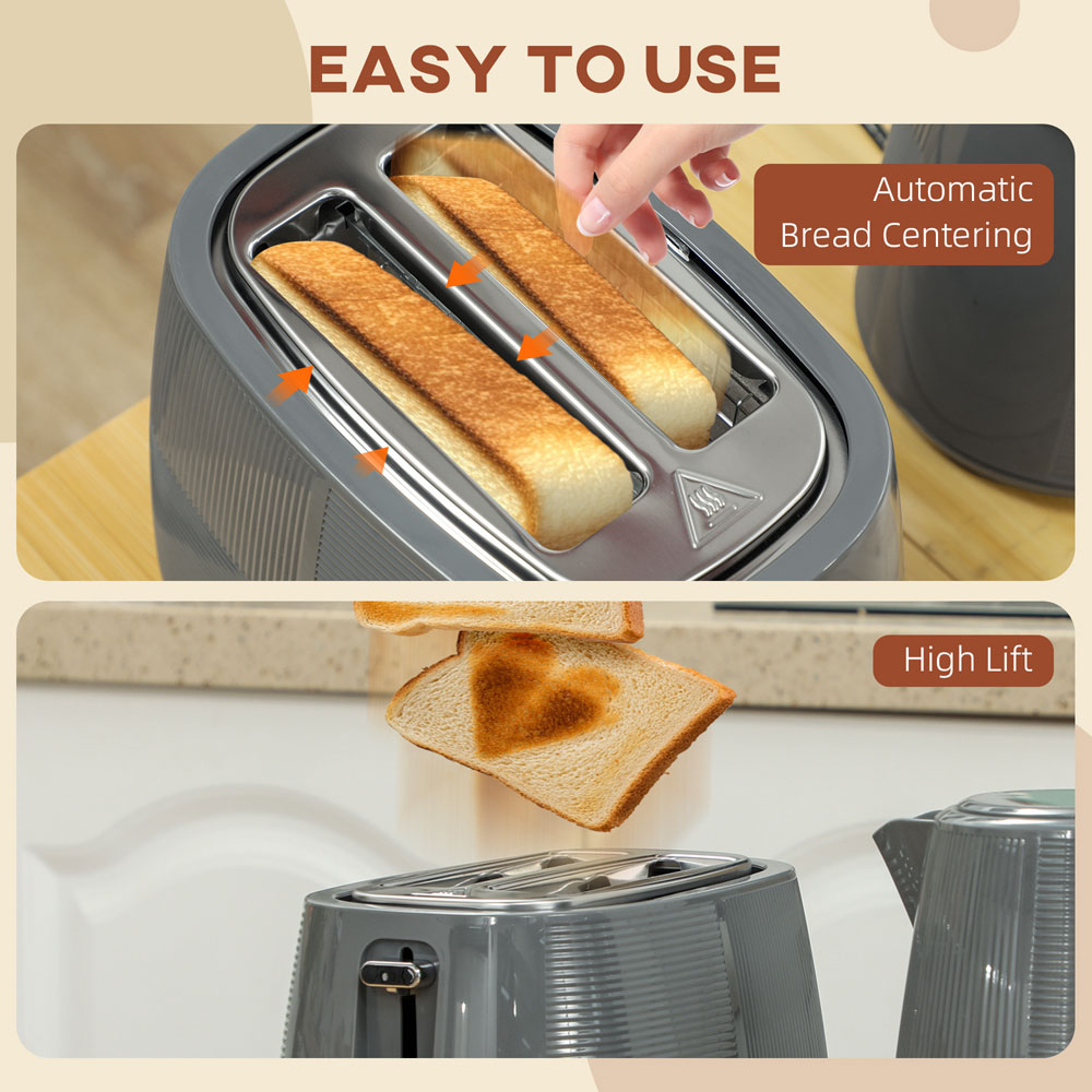 HOMCOM 800-233V70GY Grey 1.7L Fast Boil Electric Kettle 3000W and 2 Slice Water Toaster Set Image 4