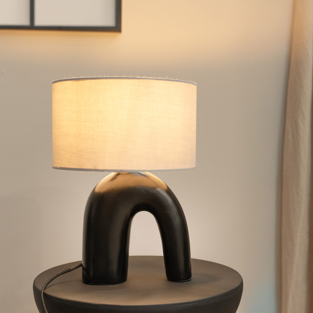 ValueLights Lia White Fabric Drum Shade Black Arch Abstract Ceramic LED Table Lamp Image 2