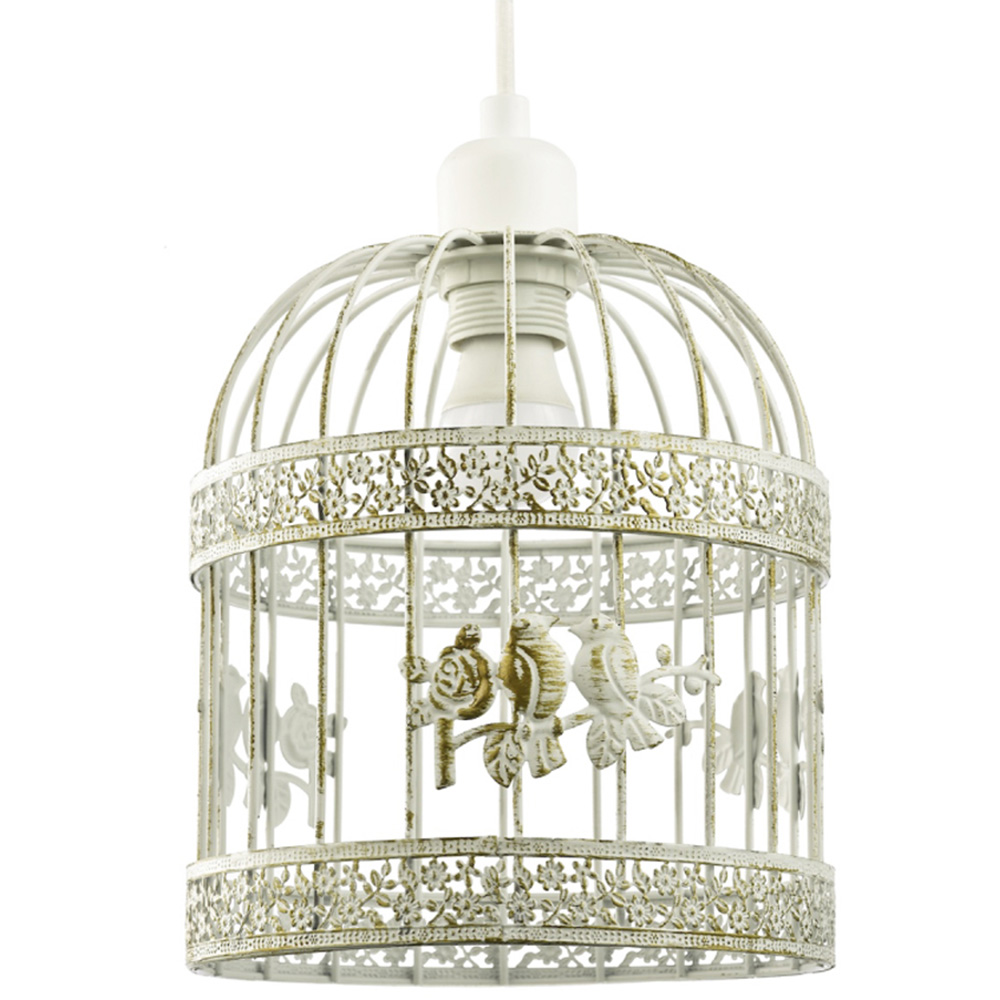 Happy Homewares Brushed Cream and Gold Birdcage 3D Flowers and Birds Shabby Chic Pendant Shade Image 1