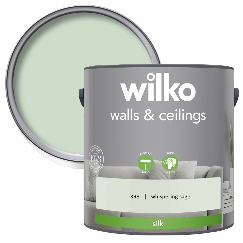 Wilko Walls & Ceilings Whispering Sage Silk Emulsion Paint 2.5L Image 1
