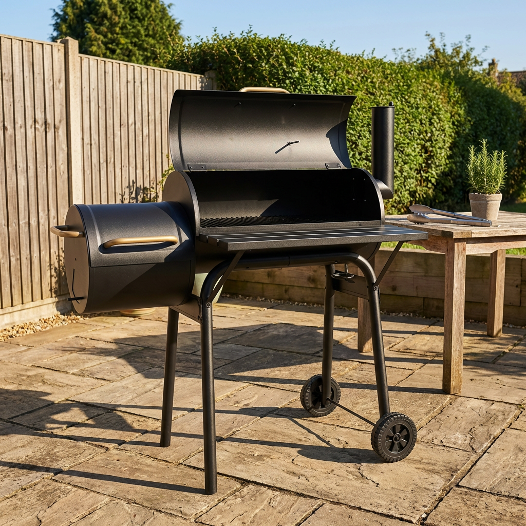 Black Houston Smoker BBQ with Grill Gold Handles Image 3