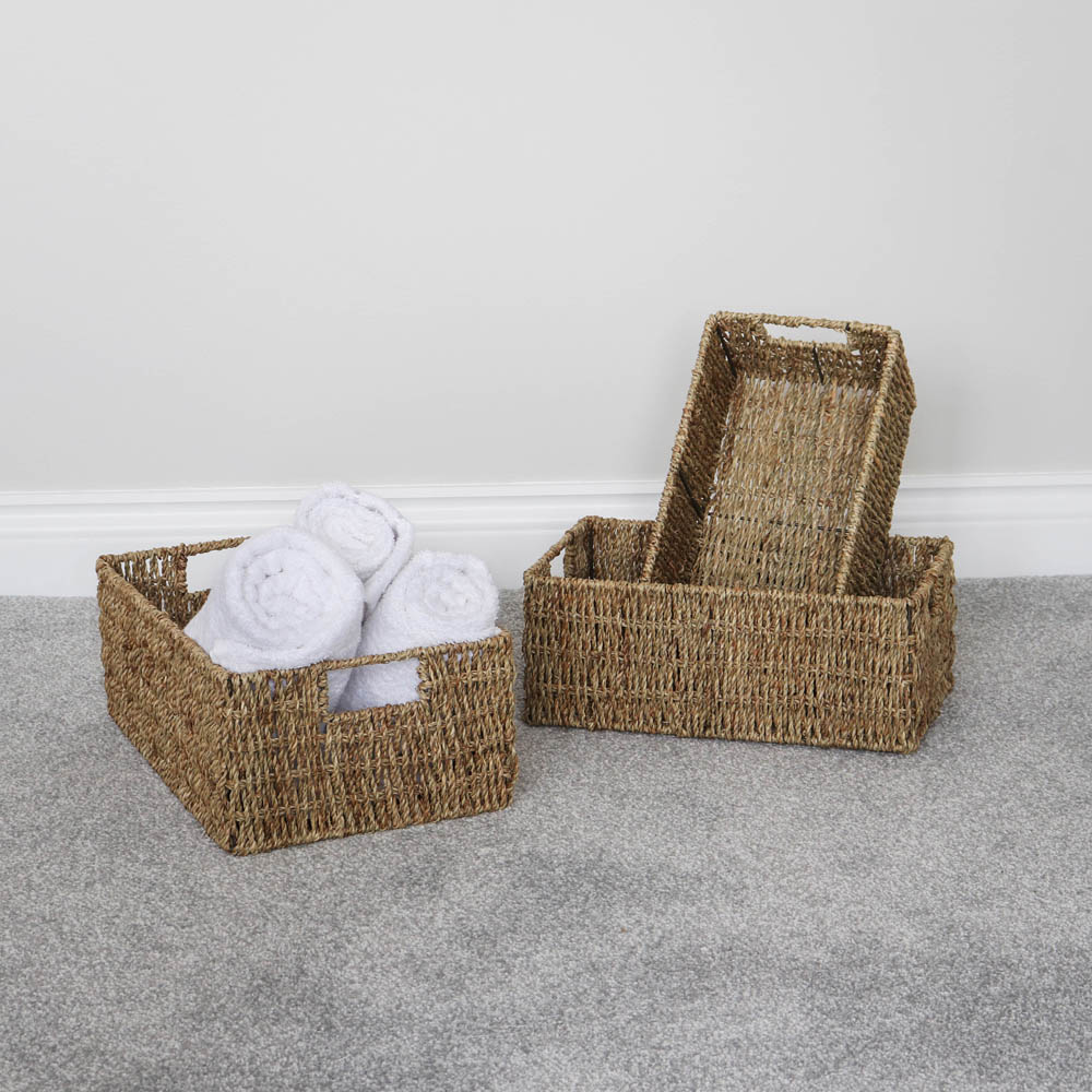 JVL Seagrass Rectangular Storage Baskets with Handles Set of 3 Image 7
