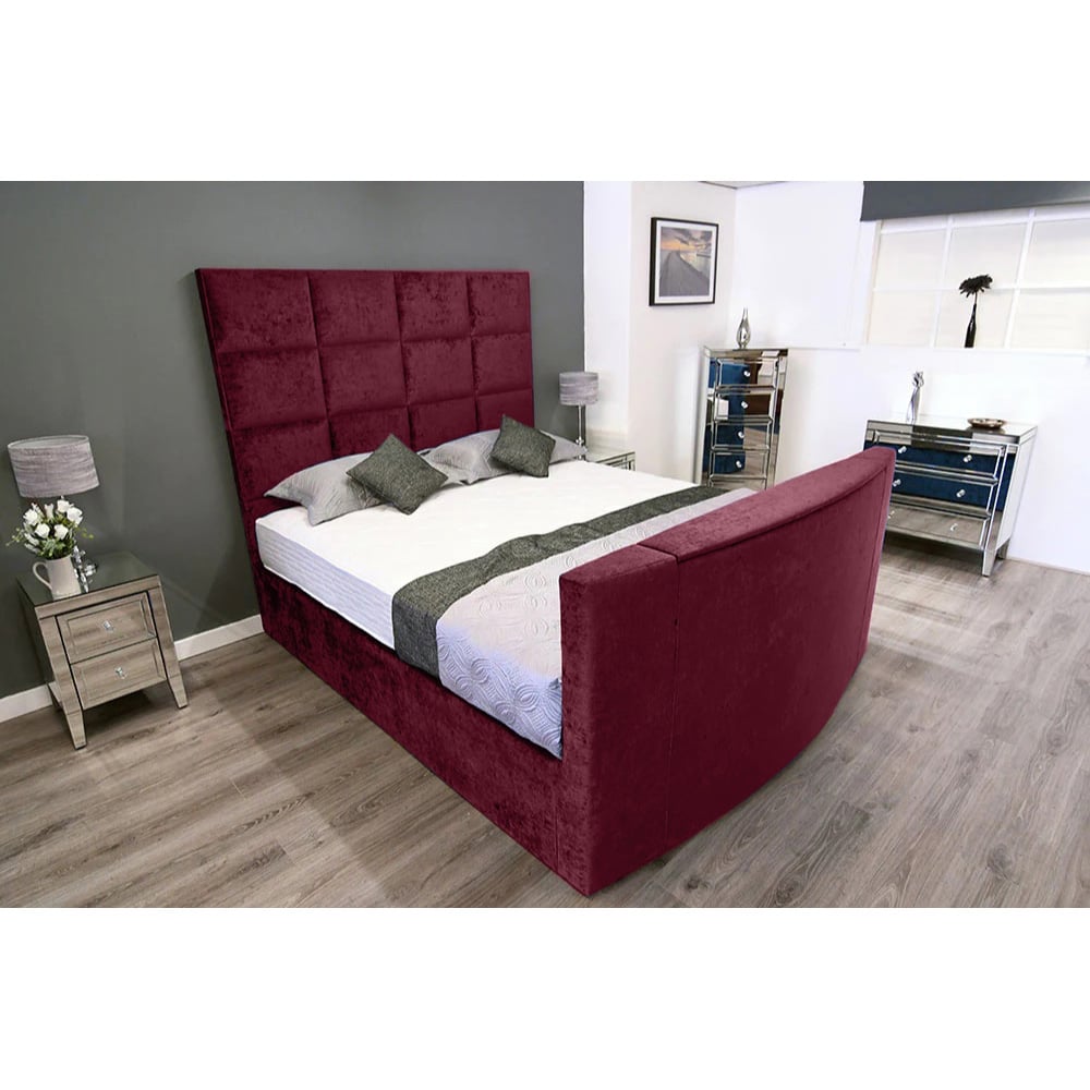 Eleganza Home Lurvi King Size Maroon Plush TV Bed Frame with Headboard and Footboard Image 3